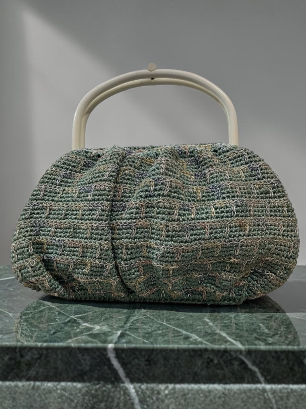 Vintage Green Woven Crochet Top-Handle Clutch